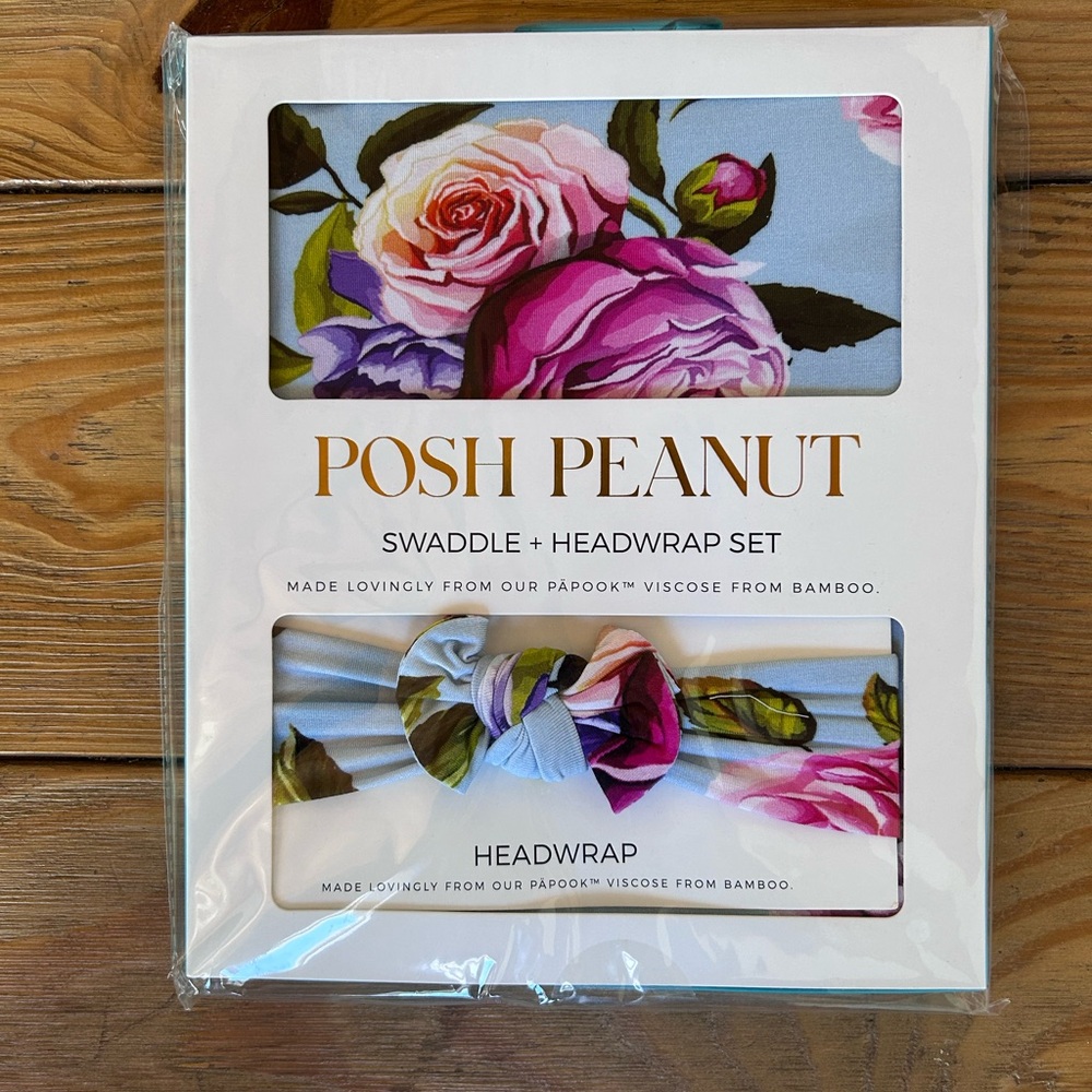 Brand New Posh Peanut Swaddle and Headwrap Set Blue Floral Country Rose